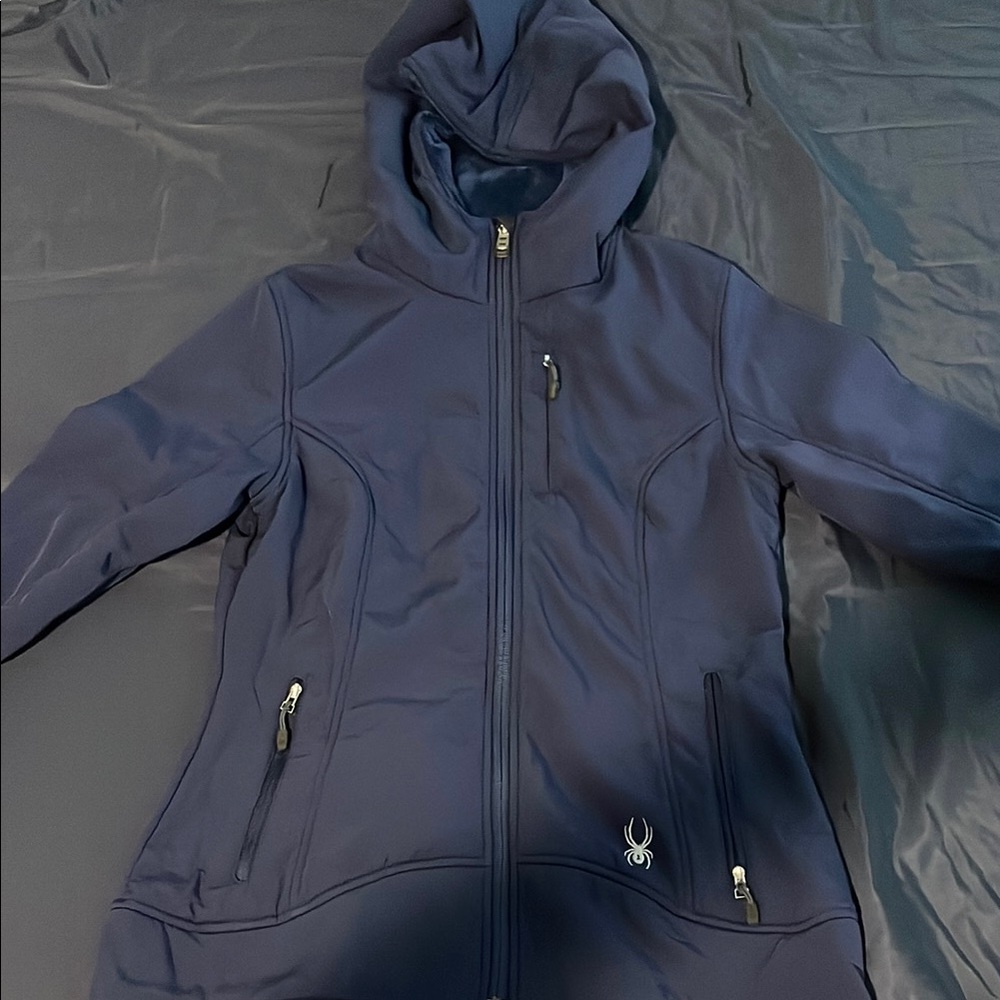 Spyder Blue Ski Jacket with Hood and Water-Resistant Material